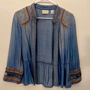 Chicos Sz 1 Embroidered Denim Chambray Cardigan Shirt Jacket Boho Embellished